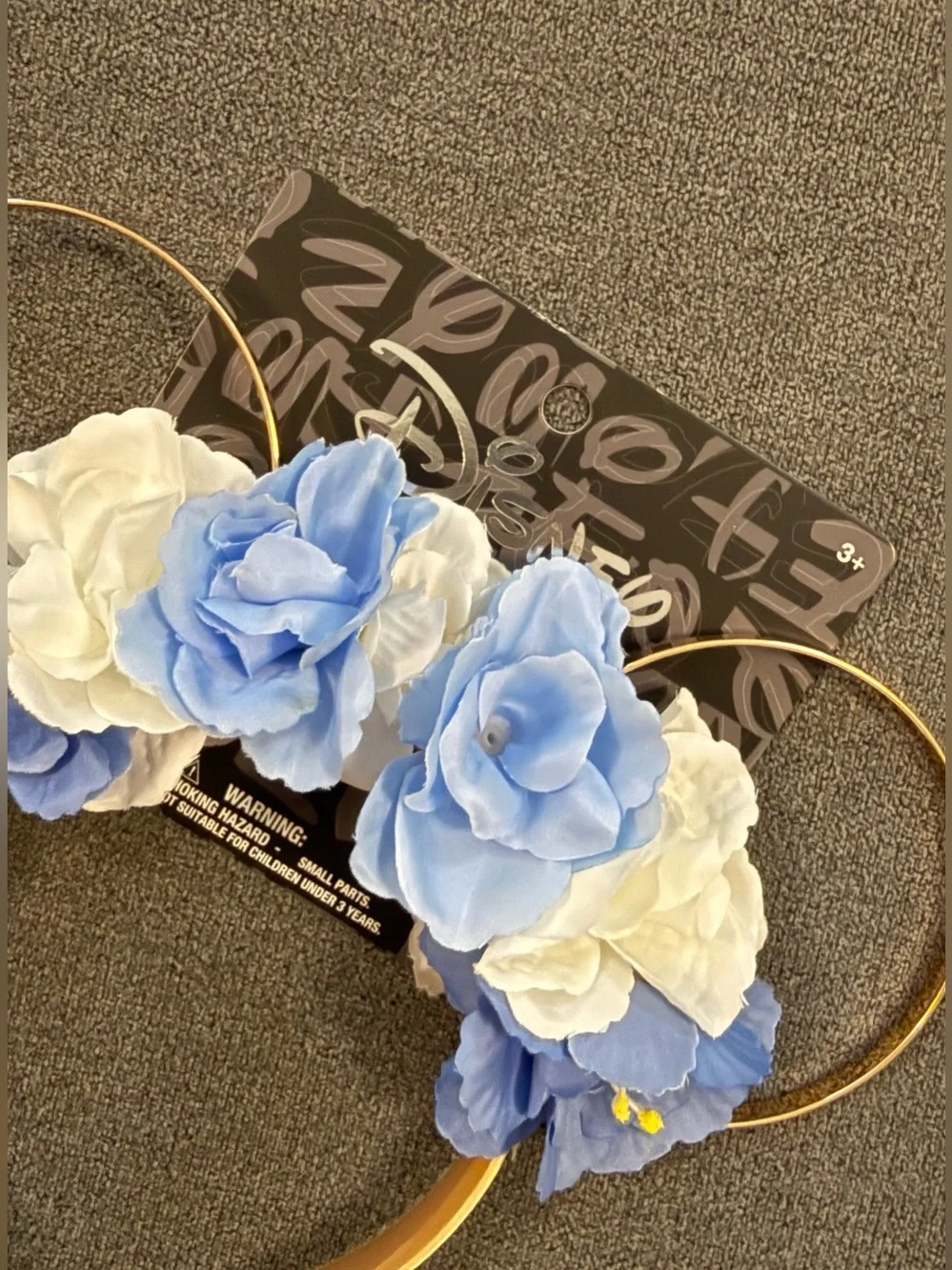 Disney Gold Minnie Ear Headband with Blue and White Fabric Flowers
